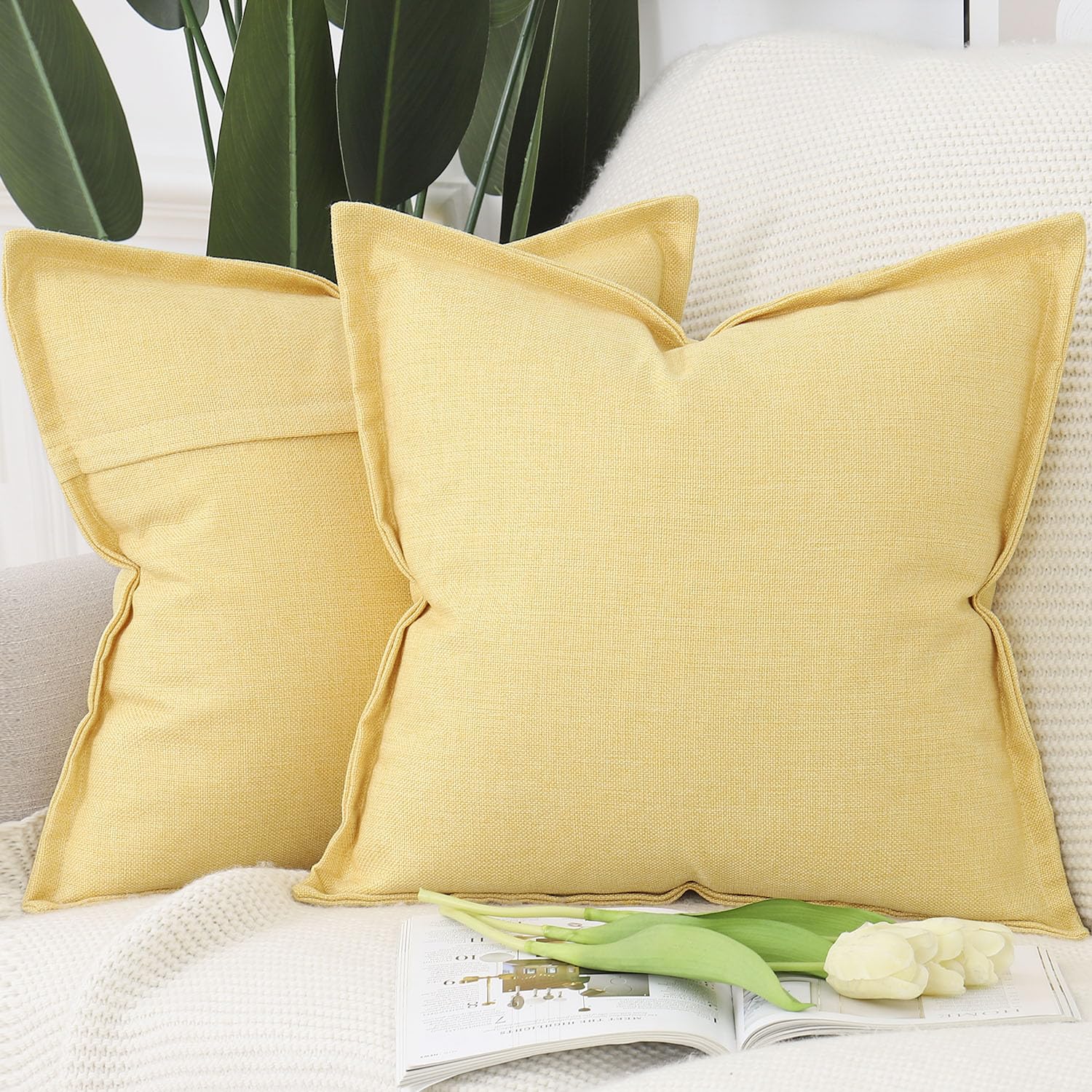 Photo 1 of MADIZZ Set of 2 Linen Throw Pillow Covers with Broad Edge Soft Boho Decorative Pillow Cases for Sofa Bedroom Modern Pillow Shell 24x24 Inch Yellow