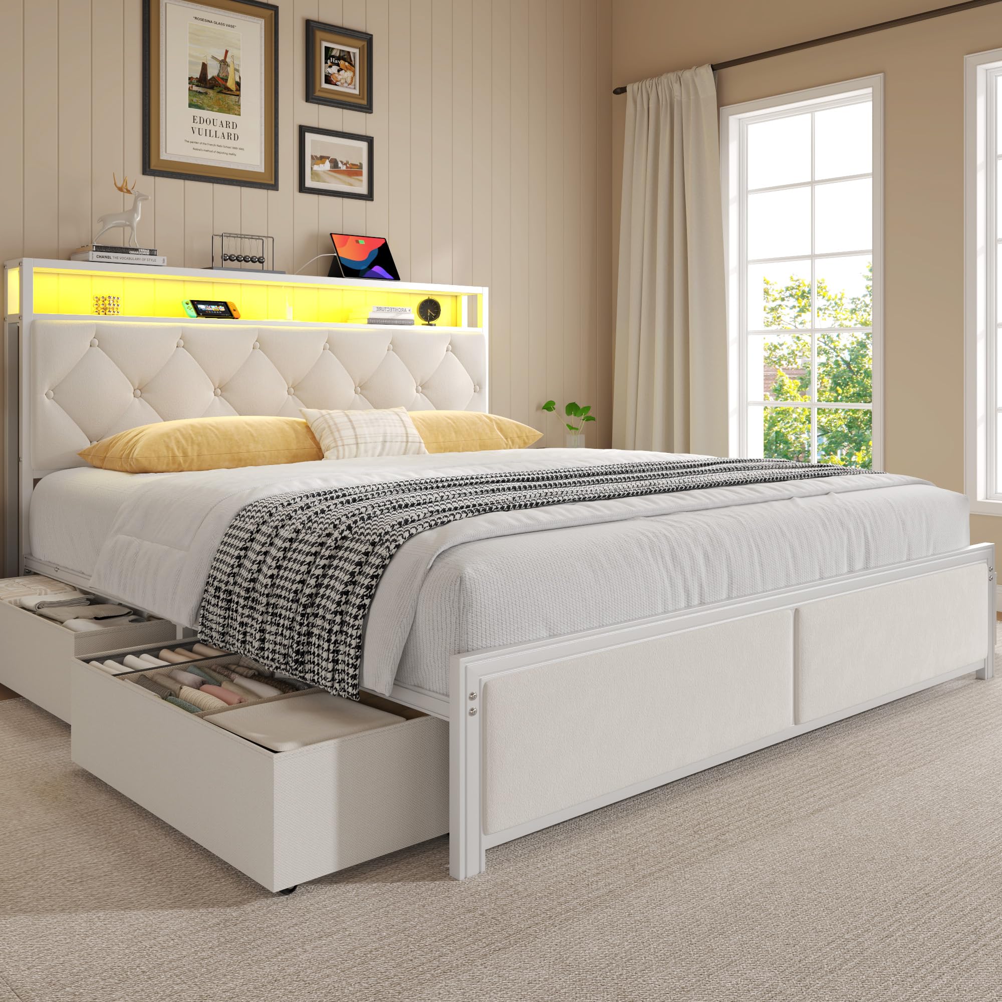 Fluest Queen Bed Frame with Headboard, Storage Drawers, Fast Charging Station, Led Lights, Bed Frame Queen Size with Fabric Drawers, Metal Structure, No Box Spring Needed, Easy Assembly, Beige
