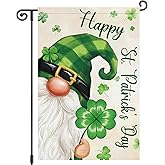 Louise Maelys St Patrick's Day Garden Flag Gnome Shamrock Clover Plaid 12x18 Inch Double Sided Small Burlap Welcome Saint Patricks Spring Holiday Yard Outdoor Sign Outside House Decor