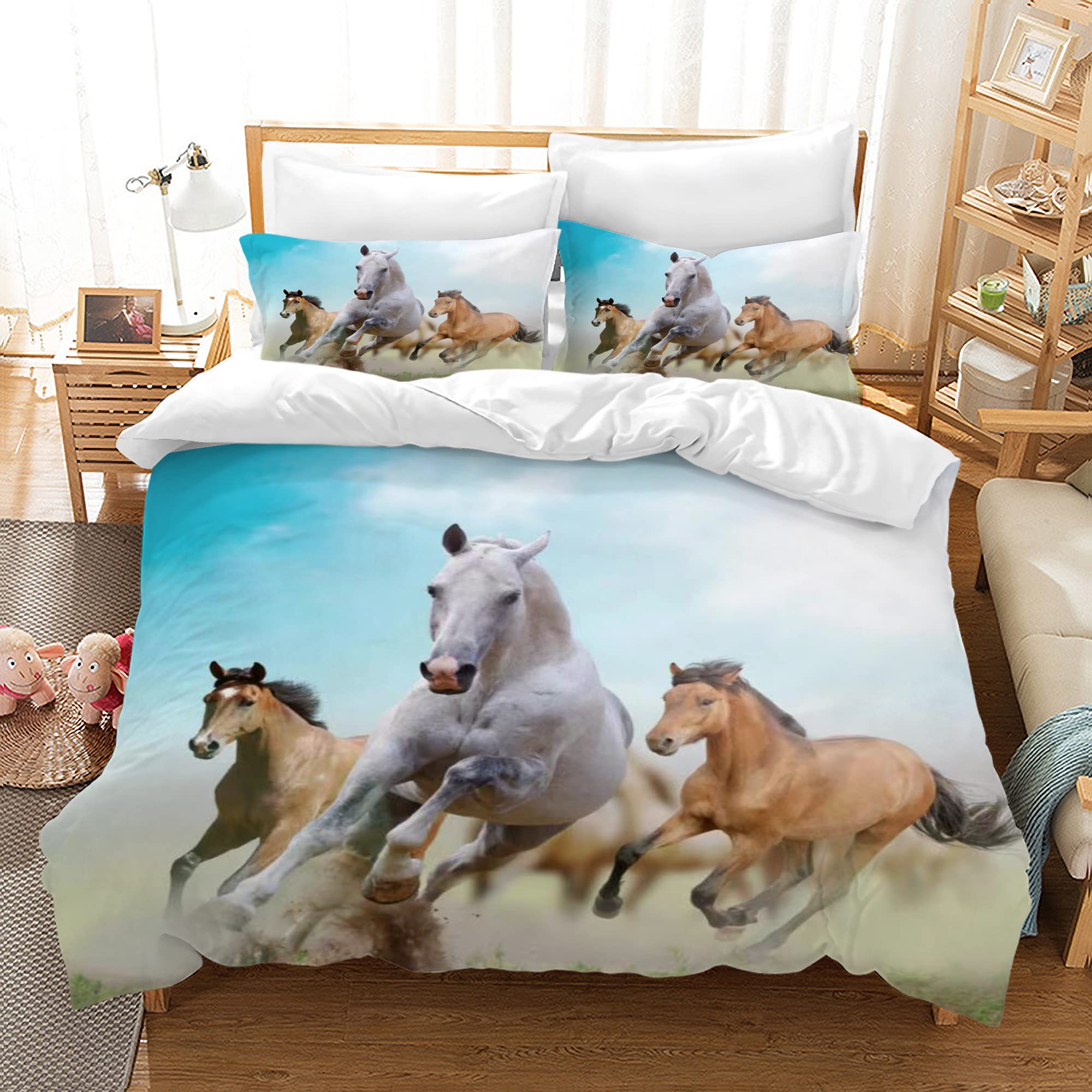 AVJWWD ﻿Bedding Duvet Cover Set 3D Print Horse Quilt Cover Bedding Sets 200×200cm, Animal Horse Print Microfibre Duvet Cover Set with 2 Pillowcases 50 ×75cm,for Boys Girls ﻿(H 04, 200x200cm)