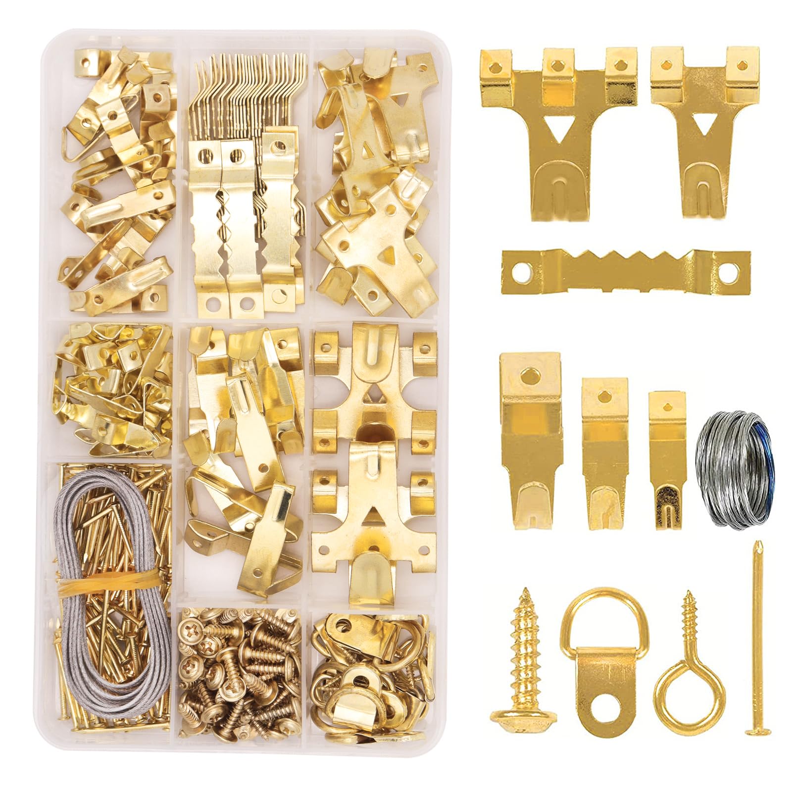Picture Hangers,Picture Hanging Kit Heavy Duty,Picture Hooks,with Picture Wire, Nails, Sawtooth, D Ring, Screw Eyes,for Picture Frame Fixing(282 Pieces)