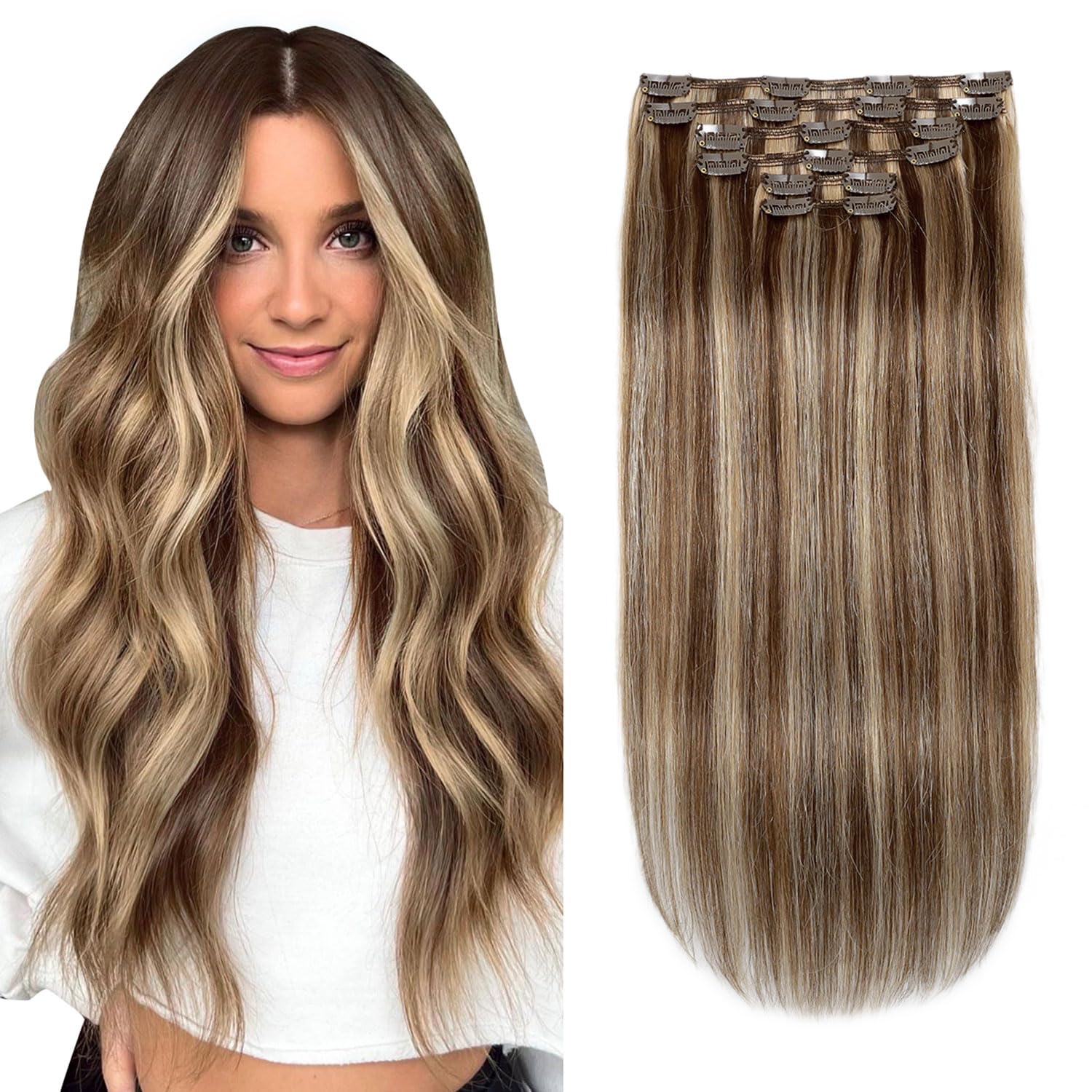Clip in Hair Extensions Human Hair 6psc 120g 20inch Balayage Mixed Color Chocolate Brown to Highlighted Dark Clip in Real Hair Extensions #4P/27 20inch