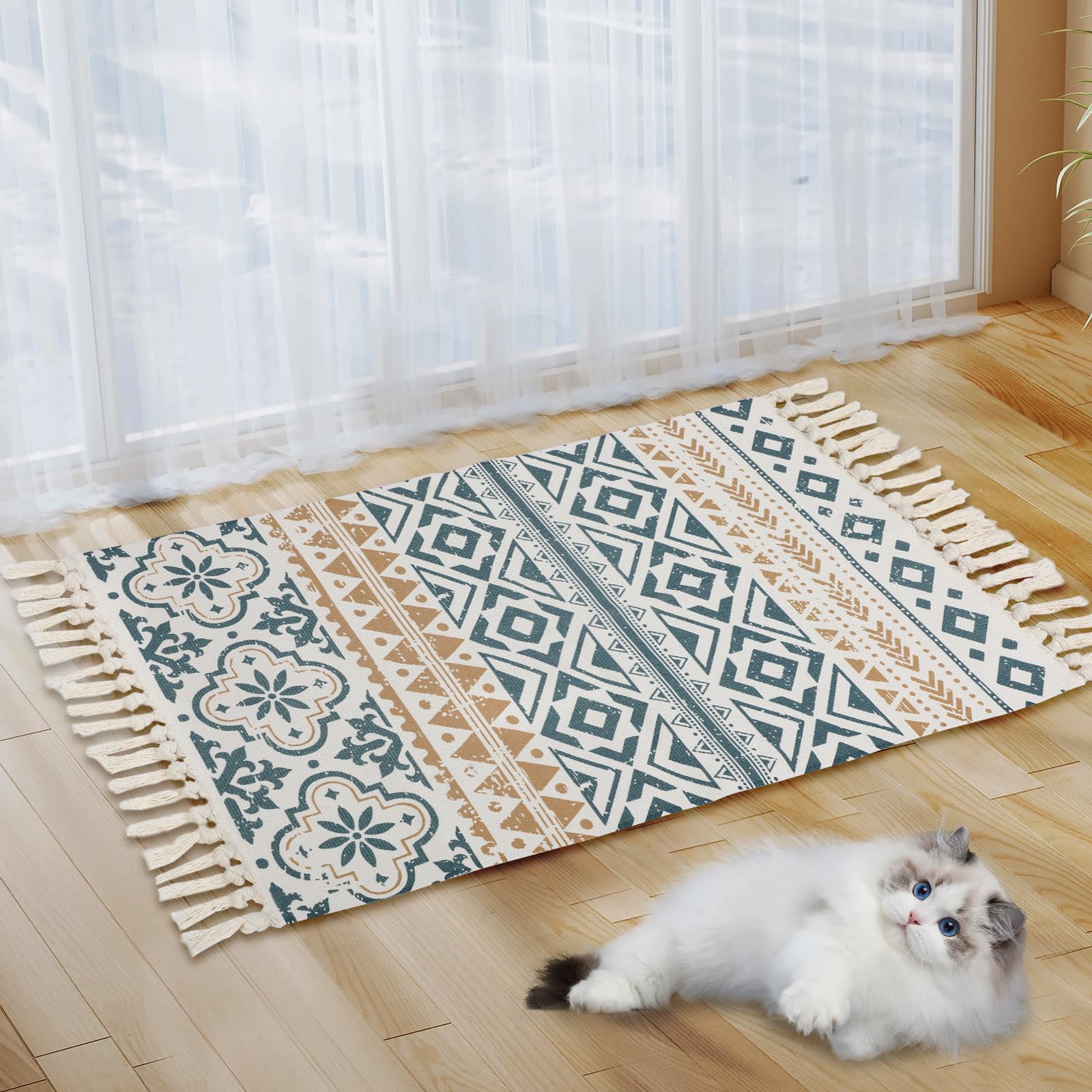 Boho Cotton Small Rug 58x88cm with Tassels, Woven Washable Geometric Area Rug in Blue Beige, Soft Bedside Rug for Bedroom, Decorative Accent Rug for Entryway, Kitchen, Living Room, Indoor Floor Mat โ image 1