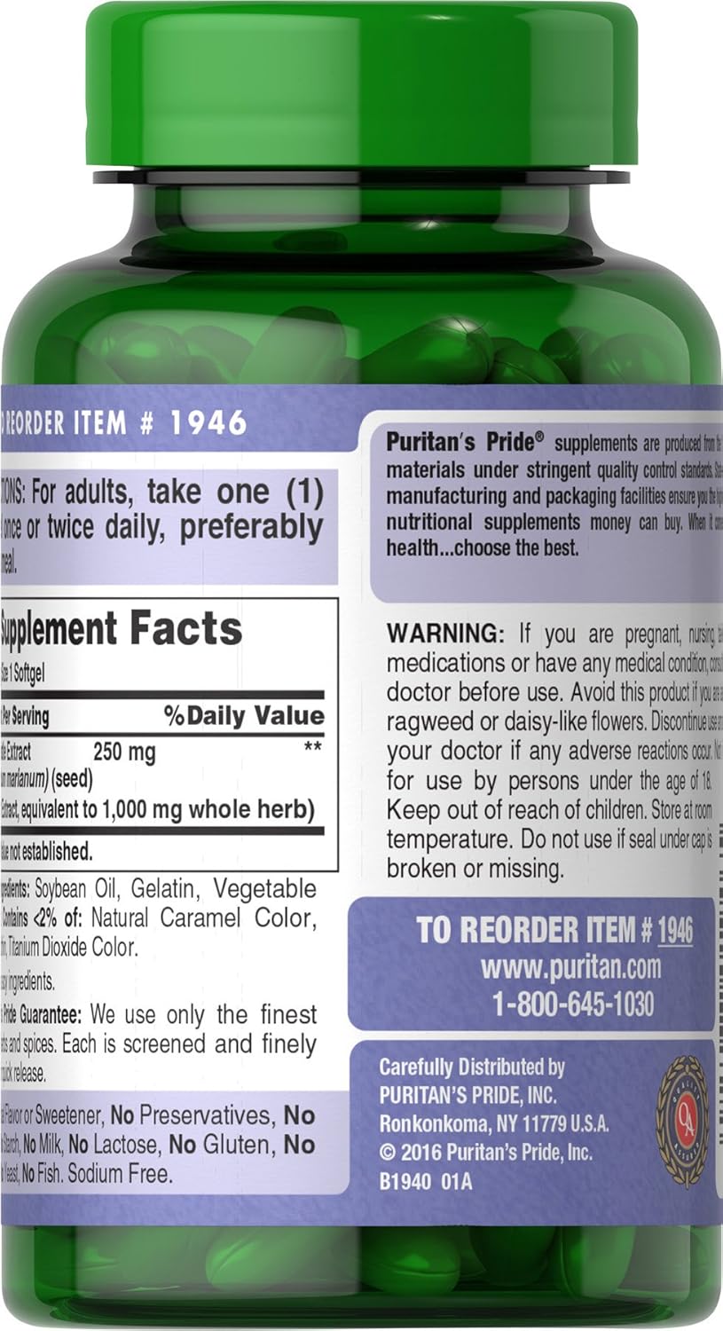 Puritans Pride Milk Thistle 4:1 Extract 1000 Mg (Silymarin) Softgels, 180 Count: Health & Personal Care