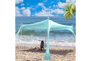 Buheco Beach Tent Pop Up Shade 10x10ft Beach Canopy Sun Shelter UPF50+ with 4 Foldable Poles-Portable Carrying Bag-Sand Shovel-Ground Pegs-Windproof Ropes for Outdoor Family Camping-Fishing- Picnic