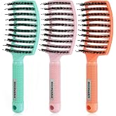 EKONAER 3 Pack Vented Quick Drying Massage Blow Detangler Brush,Boar Bristle Hair Brush Set-Curved,Detangling Hair Brush for Women Long,Thick, Thin, Curly(Green)