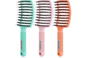 EKONAER 3 Pack Vented Quick Drying Massage Blow Detangler Brush,Boar Bristle Hair Brush Set-Curved,Detangling Hair Brush for Women Long,Thick, Thin, Curly(Green)