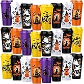 Pickmesh 24 Pack Halloween Reusable Coffee Cup Gift Bulk 16 oz Witch Bat Pumpkin Black Cat Horror Pattern Tumblers with Lid Plastic Cups Travel Coffee Mug Thank You Gifts for Hot and Cold Drinks