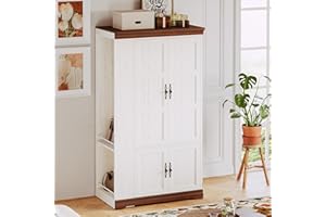 IRONCK Armoire Wardrobe Closet with Side Half Mirror, 70" Freestanding 4-Door Storage Cabinet for Bedroom, Features Side Hooks, Open Compartments, Hanging Rod & Shelves, White Armoire