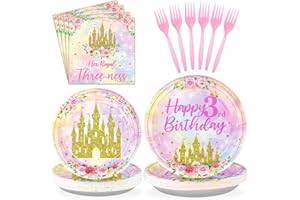 GRENCIAN 96 Pcs Princess Birthday Party Supplies Princess 3rd Party Plates and Napkins Watercolor Pastel Rainbow Castle Party Decorations for Girl Three Years old Birthday Fairytale Party Serves 24