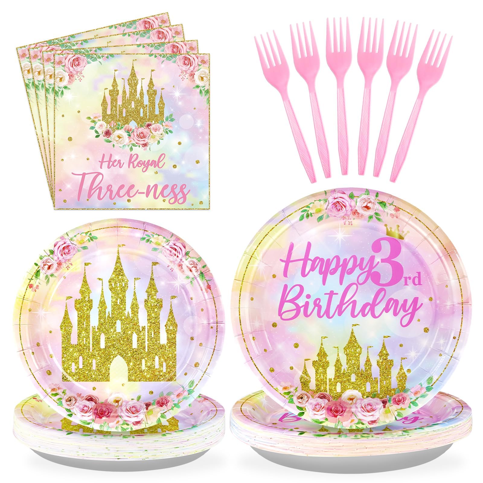 Photo 1 of 96 Pcs Princess Birthday Party Supplies Princess 3rd Birthday Party Plates and Napkins Watercolor Pastel Rainbow Castle Party Decorations for Girl Three Years old Birthday Fairytale Party Serves 24