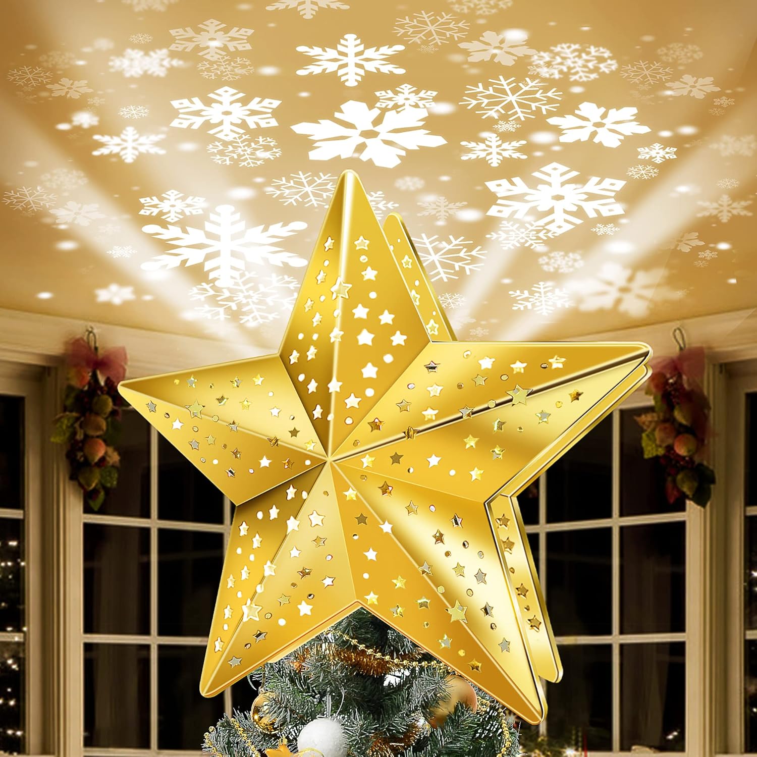 Tree Toppers - KPCB Christmas Tree Topper Lighted Decoration, Star Tree Topper with Gold Plated Finish, Tree Toppers Christmas Decorations with Snowstorm Projection