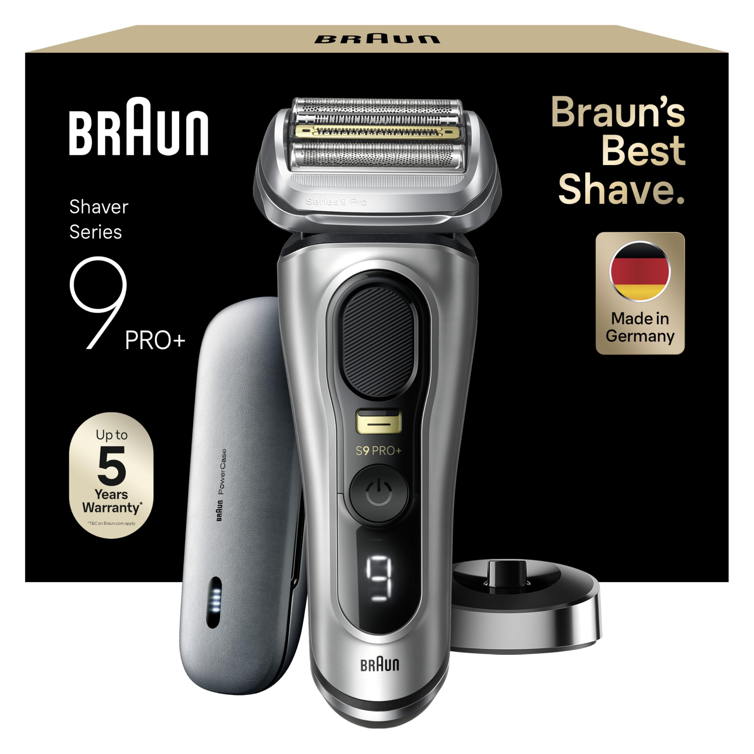 Braun Series 9 Pro+ Rasierer Herren Elektrisch, Elektrorasierer mit 5 Pro Rasierelementen, Langhaarschneider, Rasierer-Ladeetui PowerCase, 60 Min Laufzeit, Made in Germany, 9527s, Silber