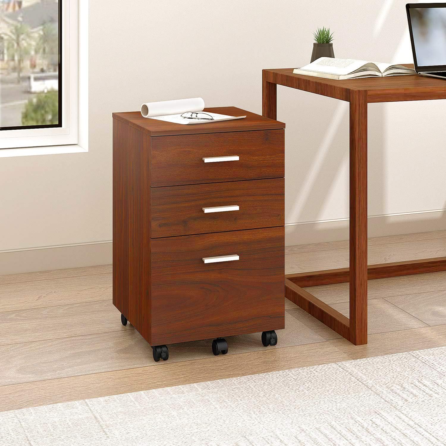 Amazon Com Devaise 3 Drawer Mobile File Cabinet Wood Filing Cabinet Fits A4 Or Letter Size For Home Office Walnut Office Products