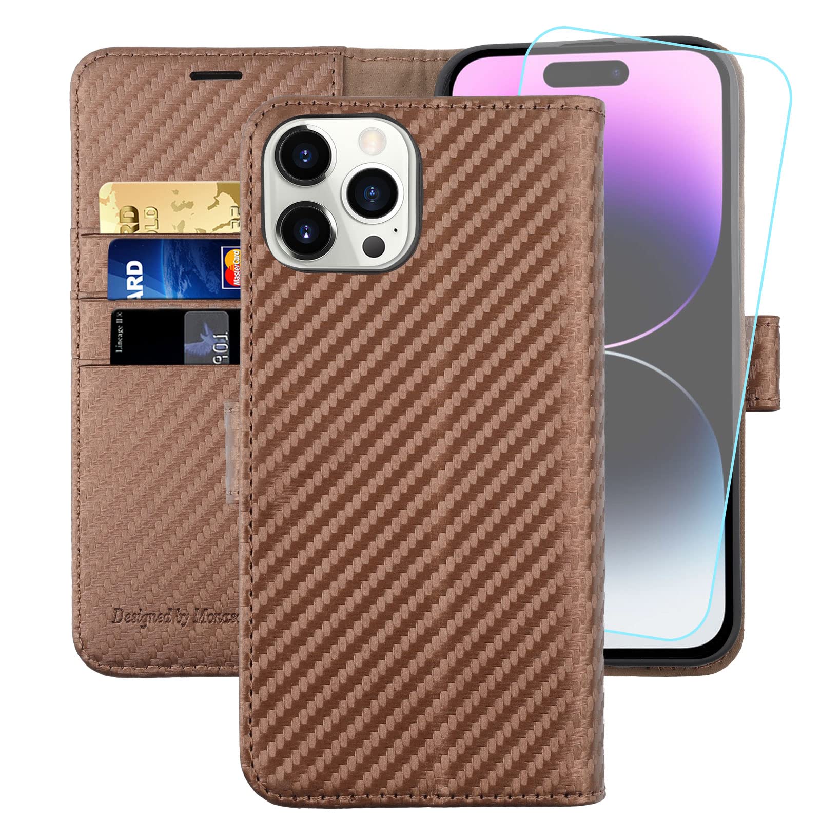 MONASAY Wallet Case for iPhone 14 Pro,6.1inch, [Glass Screen Protector Included] [RFID Blocking] Flip Folio Leather Cell Phone Cover with Credit Card Holder for iPhone 14 Pro, Coffee