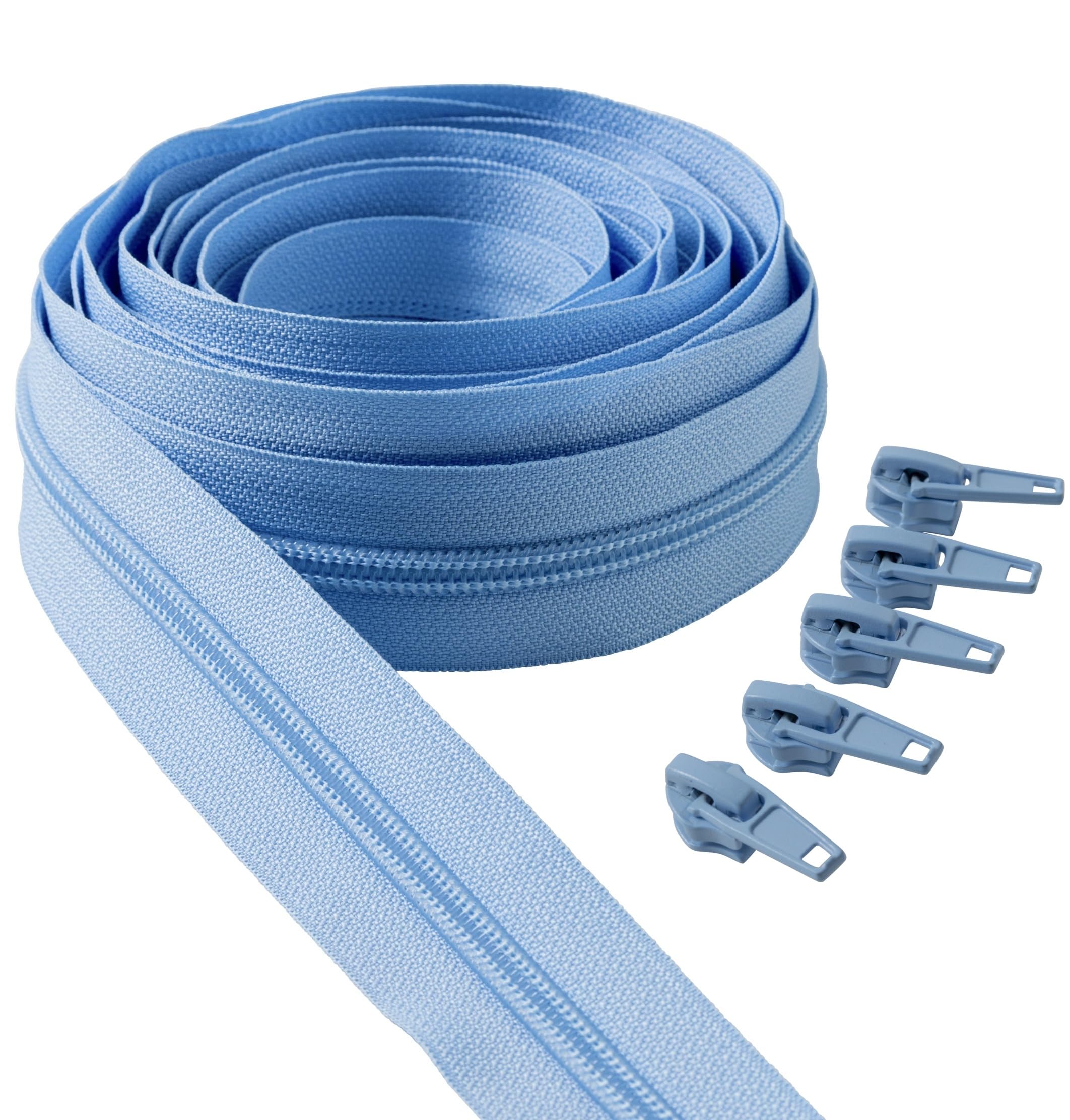 IPEA 5 Metre Blue Continuous Chain Zipper + 15 Metal Sliders - Made in Italy - Chain Size #5 - Nylon Zippers - Zip - Cut for Sewing by the Metre - 30mm Wide - Light Blue