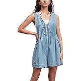 D-Sun Women Summer Sleeveless Denim Romper Casual V Neck Tie Front Ruffled Denim Short Overall Jumpsuit with Pocket