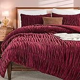 Bedbay Burgundy Velvet King Comforter Set,Boho Shabby Chic Ruched Bedding Comforter,Aesthetic Vintage Bedding Fluffy Ruffle Comforter Set,Ultra Soft Velvet Chenille Quilt Set,Red King 3 Piece