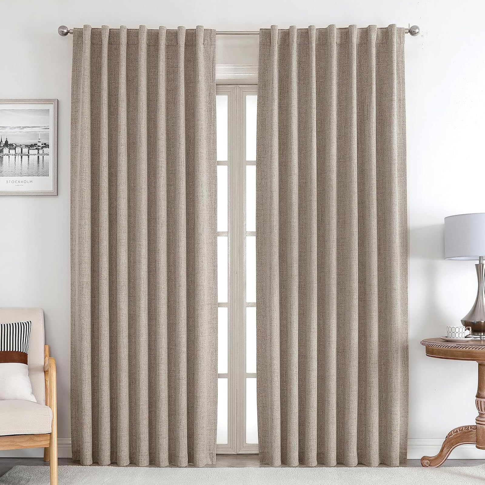 Photo 1 of Joydeco Blackout Linen Curtains 96 inches Long 100% Blackout Drapes 95 inch Length 2 Panels Set for Bedroom Living Room Darkening Curtain Thermal Insulated Backtab RodPocket(52x96inch Linen)