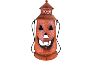 Halloween Pumpkin Rustic Lantern with Handle, Metal Jack O Lantern Fall Decoration, Standing or Hanging, Holds Pillar Candle - Indoor, Outdoor, by Clovers Garden