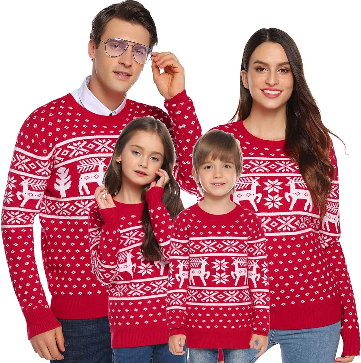 Aibrou Suéter de Navidad para Familia,Jersey de Copos de Nieve de Renos navideños para Mujer Hombre,Jersey Pullover de Punto Vintage de Inviernno Manga Larga para Niño Niña