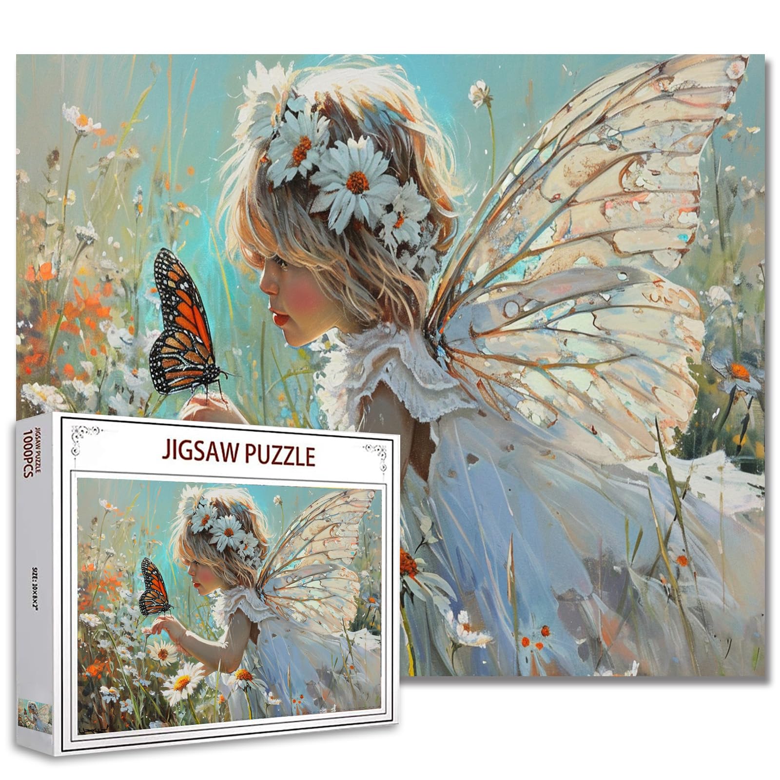 Tucocoo Angel Little Girl Jigsaw Puzzles for Adults 1000 Pieces, Daisy Floral Butterfly Art, Puzzle 68x50cm DIY Jigsaw Puzzles for Home Decor Gifts, Family Puzzle Perfect for Game Nights