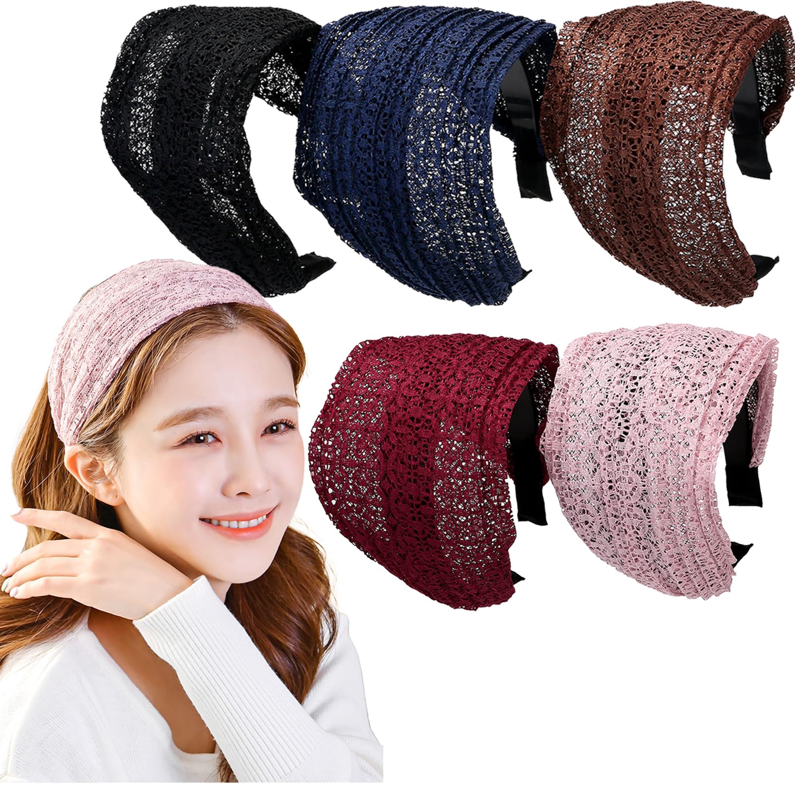 LONEEDY 5 Pack Wide Hard Headband with Teeth for Women, Girls’s Hair Band Pleated Cloth Fabric Hair Hoop Accessories (Mixed colors E, One Size)