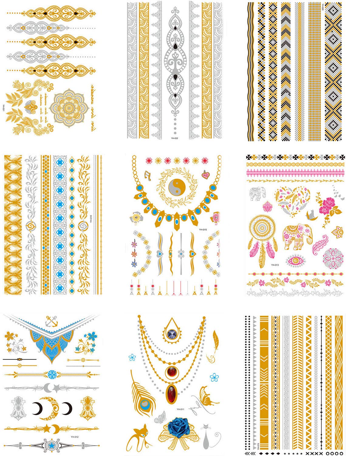 Temporary Metallic Tattoos for Women 9 Sheets,100+ Sexy Boho Gold Tattoos,Fake Tattoo Girls Waterproof,Mandala Jewelry Body Tattoo Sticker