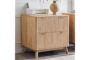 T4TREAM 2 Drawer File Cabinet, 30" Fluted Lateral File Cabinet w/Files Hanging Rod for Letter/Legal/A4, Large Tabletop for Printer, Office Wood Printer Cabinets, Natrual Oak
