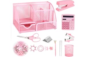 yuun Pink Desk Organizers and Accessories, Office Supplies Include Mesh Desk Organizer, Stapler, Staple Remover, Scissor, Clips Set, Pen Holder, Ruler, Pen and Staples etc