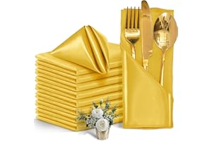 Eychei 12 Pieces Gold Satin Napkins, 17" x 17" Square Table Napkins, Silky Soft Smooth Washable Napkins for Restaurant, Weddings, Dinner, Party Decoration