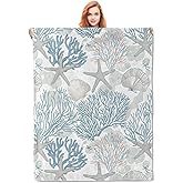 Nautical Coastal Blanket Gifts for Adults Women Girls Soft Warm Lightweight Cozy Plush Starfish Seashell Coral Beach Throw Blankets Sea Ocean for Bed Living Room Sofa Home Decor 60"x50"