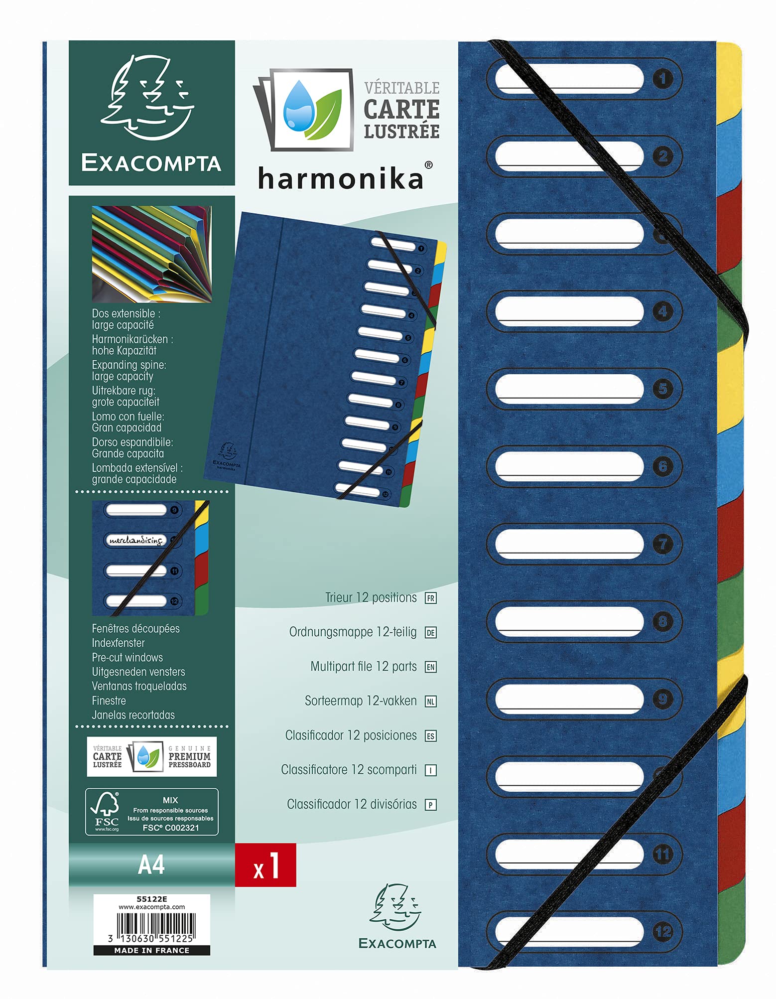 Exacompta - Ref 55122E - Harmonika Multipart File - 24.5 x 32cm in Size, Suitable for A4 Documents, 12 Multi-Coloured Tabbed Sections, Premium Pressboard Cover - Blue Cover