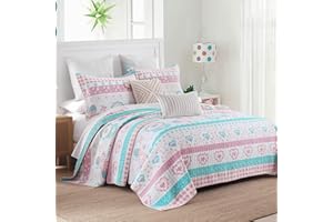 SahSahCasa Quilt Queen Size, Queen Quilt Set, 100% Cotton Quilt, Queen Quilt Bedding Set Bedspreads, Floral Reversible Lightweight Summer Comforter for Children and Adults, Light Pink/Sea Green