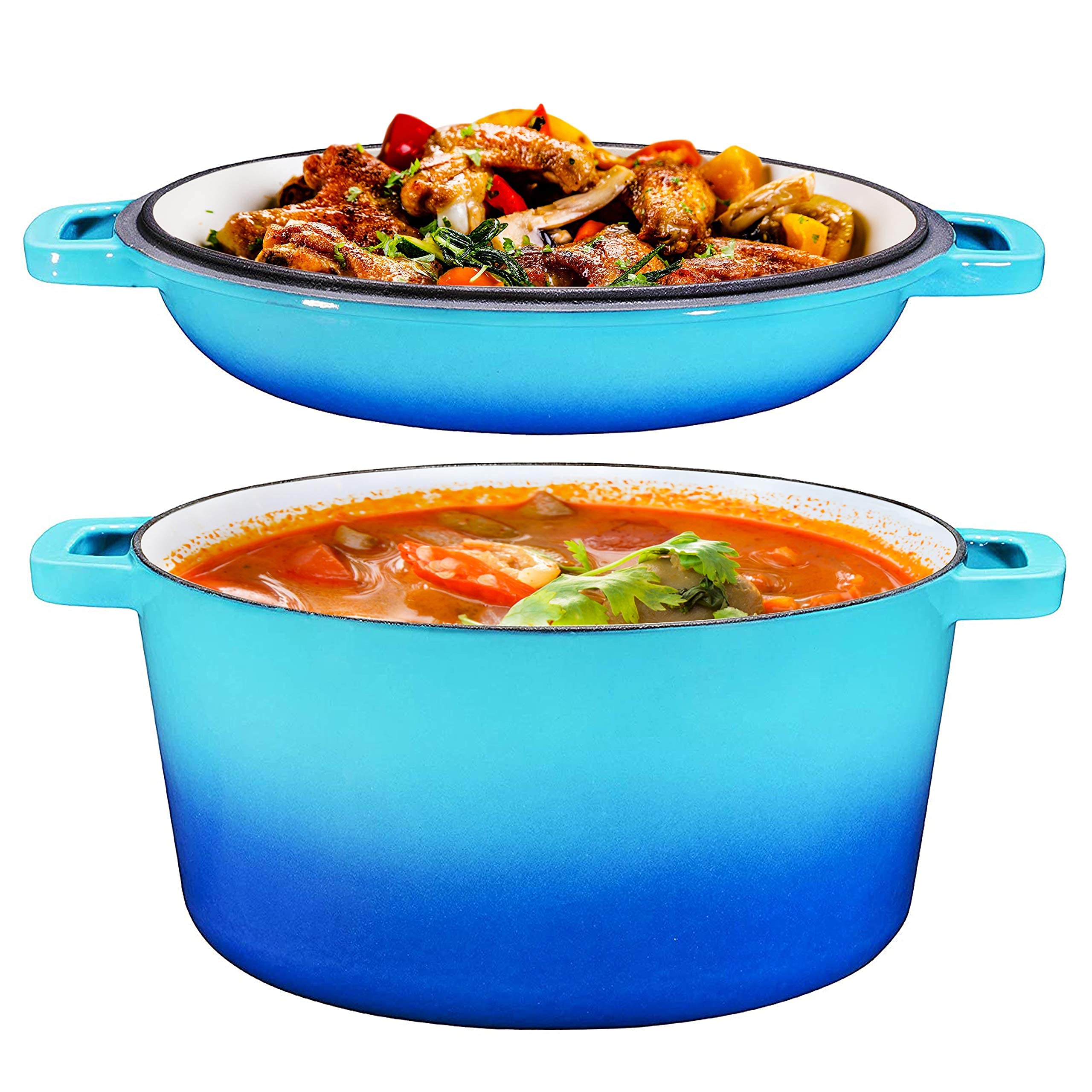 Bruntmor 2-in-1 Enamel Cast Iron Dutch Oven With Handles - Crock Pot Caribbean Blue Cast Iron pot with Skillet lid - All-in-One Cookware Braising Pan for Casserole Dish - 5 Quart, Caribbean Blue