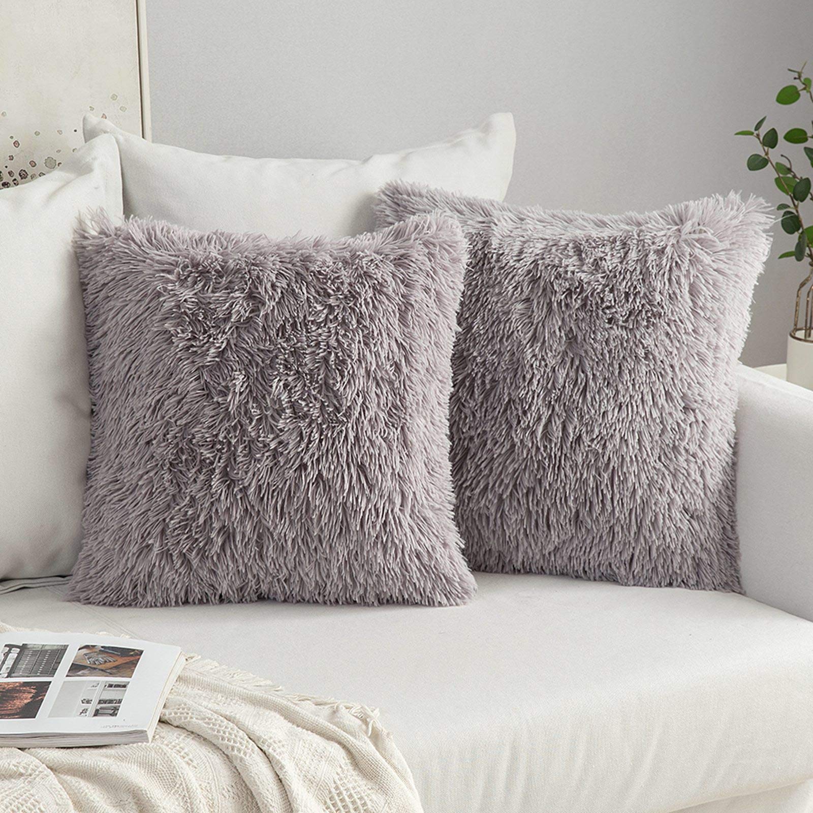 MIULEE Pack of 2 Faux Fur Throw Pillow Cover Fluffy Soft Decorative Square Pillow covers Plush Case Faux Fur Cushion Covers for Livingroom Sofa Bedroom 16"x16" Grey