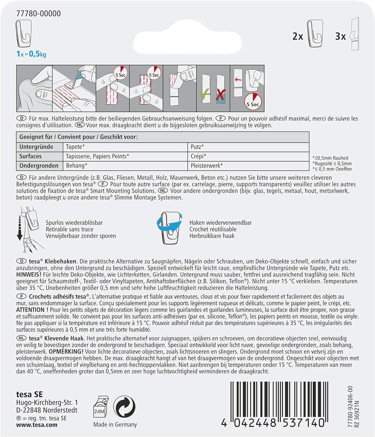 tesa UK 77780 Canvas Wallpaper & Plaster Adhesive Hooks Wallpaper & Plaster, Self-Adhesive - Image 3
