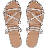 Sksshion Women's Glitter Rhinestone Flat Criss Cross Strappy Open Toe Sandals Slip On Slippers