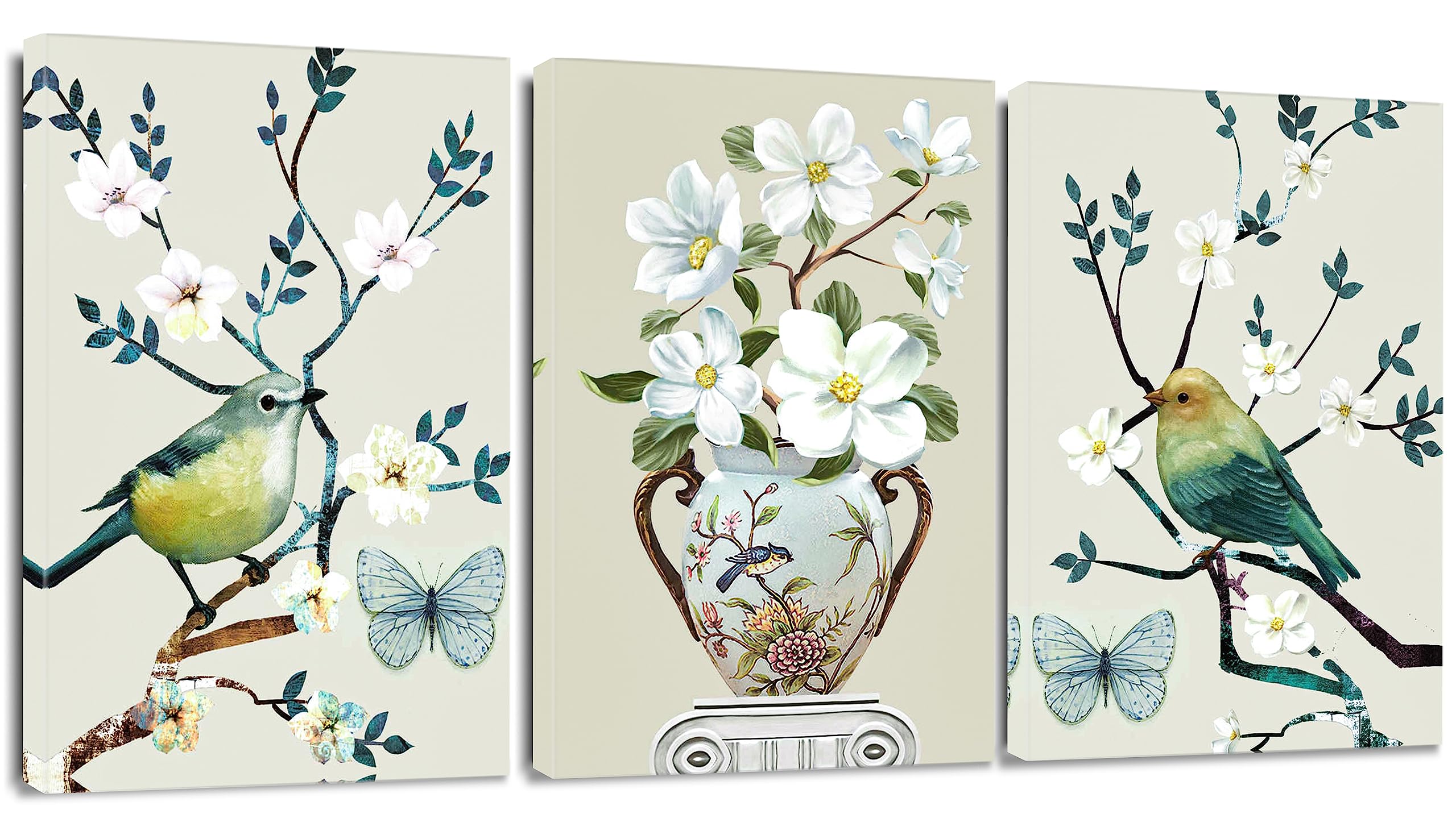 Artscope 3 Pieces Vintage Wall Art Canvas Prints - Flowers and Birds Picture Painting - Modern Wall Artwork Framed for Gifts Bathroom Living Room Home Office Decor - 30 x 40 CM