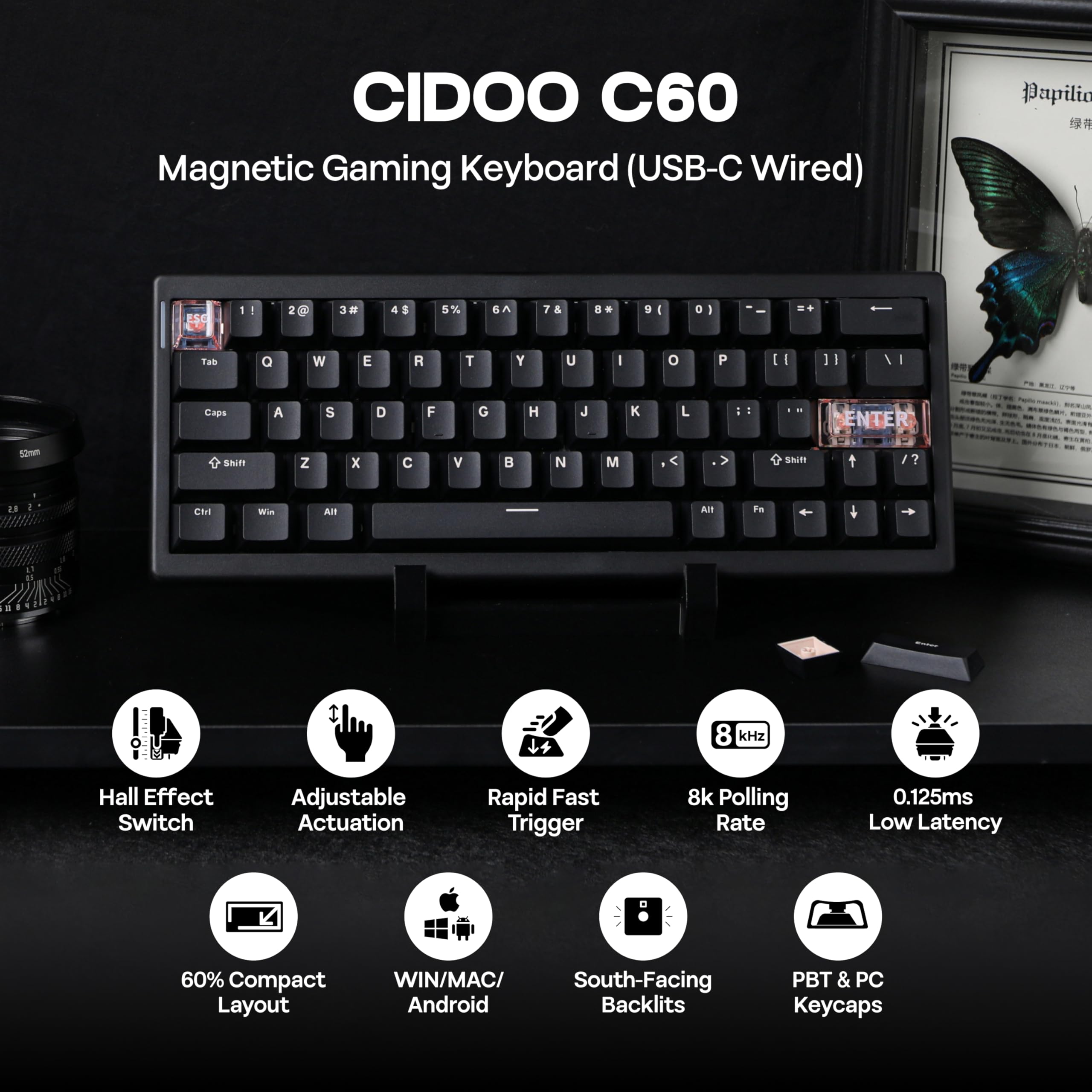 CIDOO C60 HE Wired Rapid Fast Gaming Keyboard with Silent Magnetic Switch, Hall Effect Keyboard with 8K Polling Rate, 0.125ms Latency, 63-Key Compact Layout, Hot-Swappable (Black)
