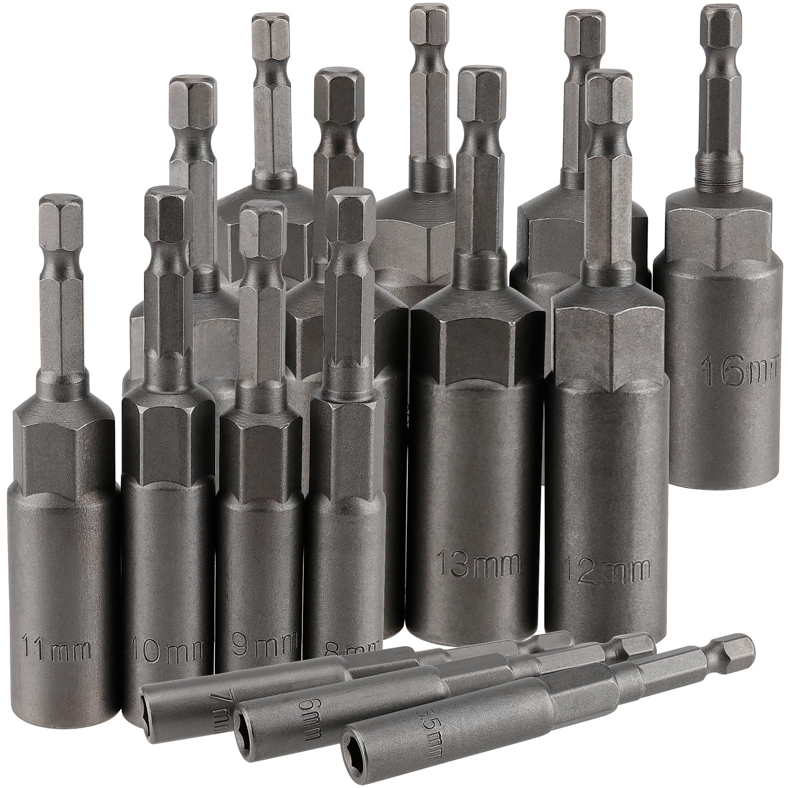 DAKFOOK 15PCS Deepen 1/4 Inch Hex Sockets Set, 5.5-19mm Nut Setter Driver Bit Set, Impact Driver Drill Bit Set for Screwdriver, 80mm Length