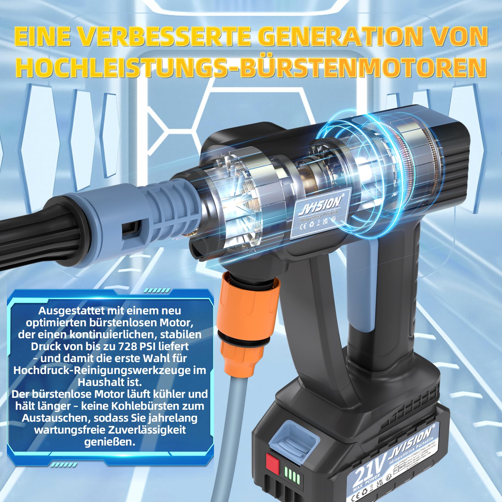 JVISION Akku Hochdruckreiniger mit 2 Akkus und 6-in-1 Düse 3