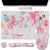 Arttown Flower Painting Desk Mat, Watercolor Abstract Mouse Pad Set 4-in-1 Large Mousepad+Keyboard Wrist Rest+Mouse Wrist Rest+Coaster with Ergonomic Design, Non-Slip Mat