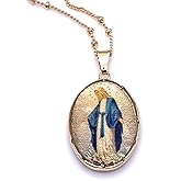 LESLIE BOULES Virgen La Milagrosa Pendant Necklace 18K Gold Plated Chain 18 Inches Length