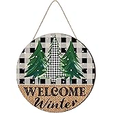 Wesiti Welcome Sign for Front Door 11.8 Inch Winter Pine Trees Wooden Door Hanger Snowflake Wooden Wreath for Indoor Outdoor Farmhouse Home Porch Window Decor