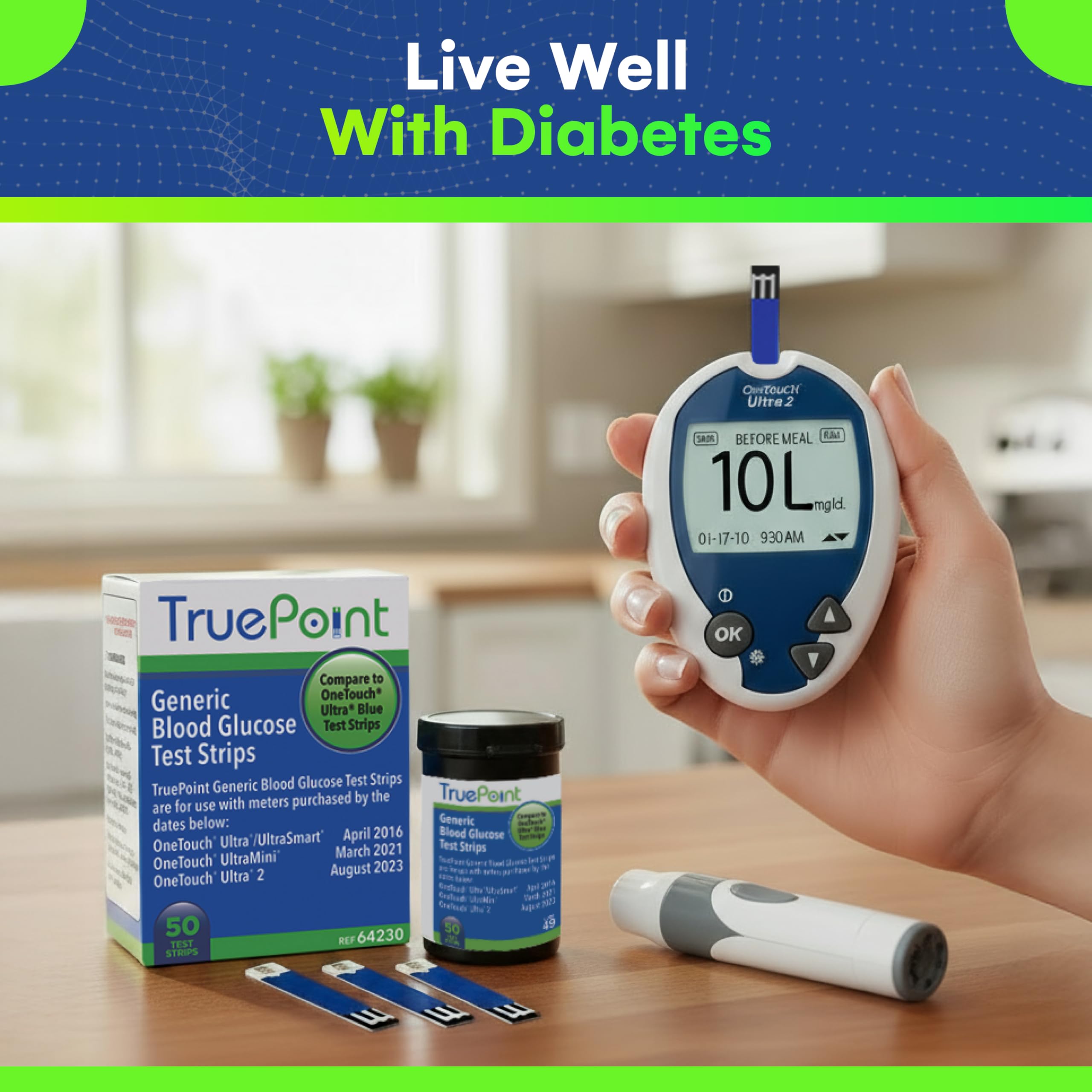 TruePoint Blood Glucose Test Strips – 50 Count – Compatible with Ultra, Ultra2, UltraMini & UltraSmart Meters – Glucose Strips for Blood Testing for Home Use