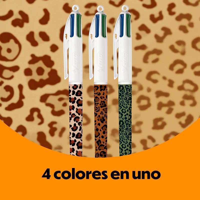 Colección Leopardo de BIC y Tipp-Ex – 8 unidades: bolígrafos de punta media (1,0 mm), subrayador de punta biselada y cintas correctoras (6 m x 5 mm) con diseños aleatorios.