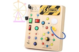 Hikoshi Montessori Busy Board for Toddlers 1-3 - Sensory LED Light Switch Busy Board Toy, Wooden Montessori Travel Toys for Toddler 1 2 3 4 Years Old Boys Girls