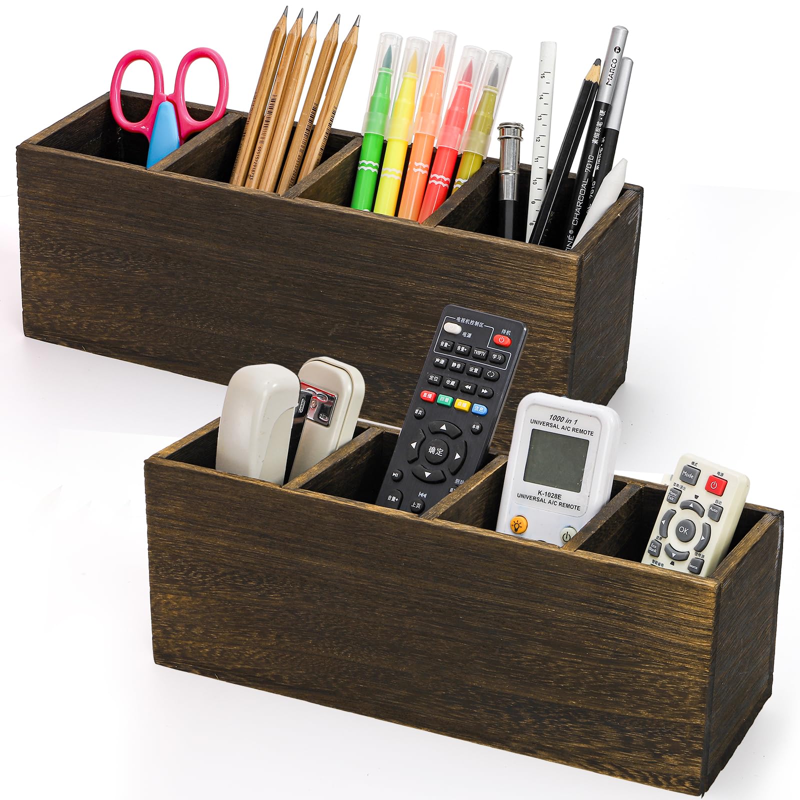 Dicunoy 2 Pack Wooden Pencil Desk Organizer Holder, 4 Compartments Rustic Wood Remote Control Holder, Multifunctional Retro Style Table and Desk Storage Caddy for Office, Art Supplies, Home,School