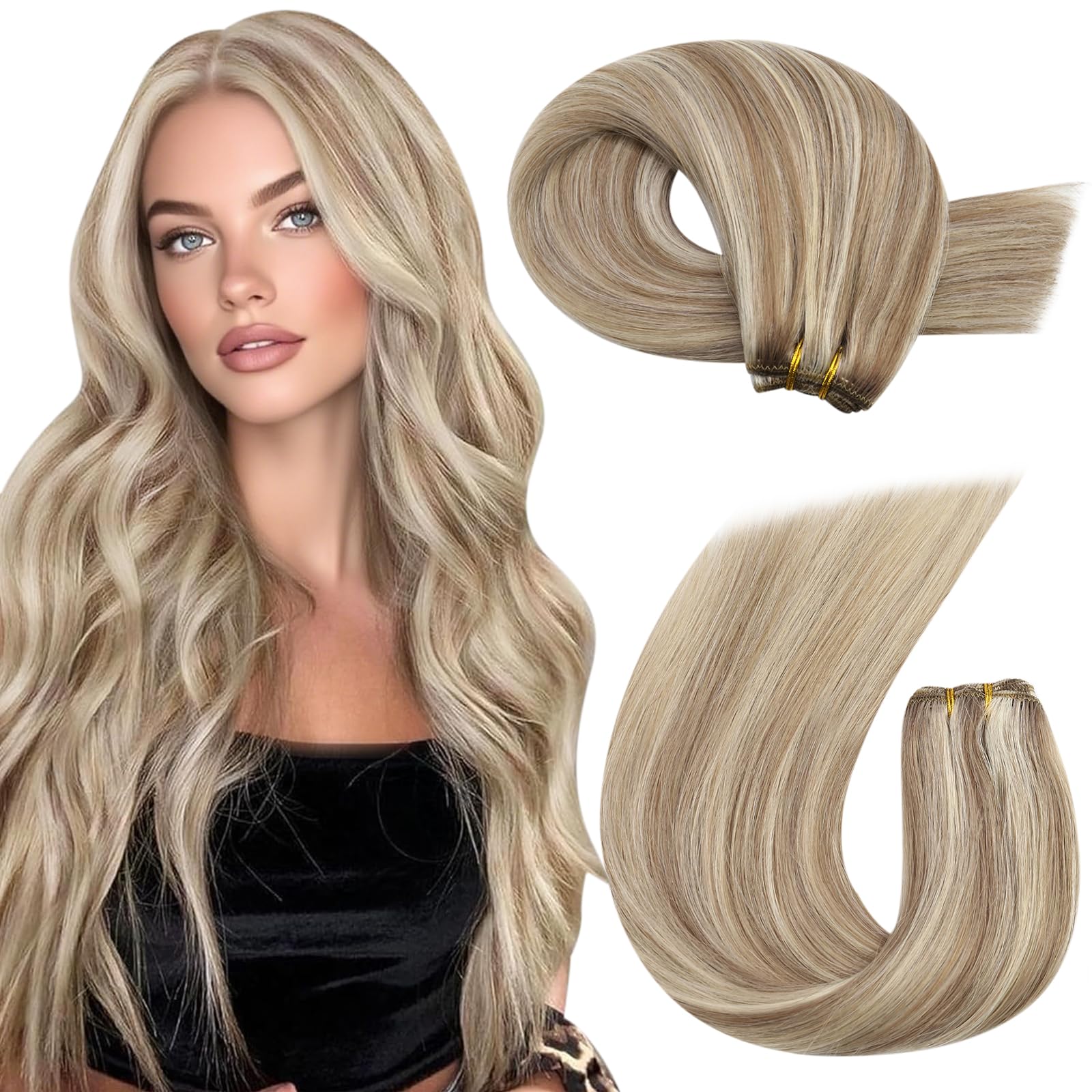 Moresoo Weft Hair Extensions Remy Human Hair Weft Light Brown with Platinum Blonde Sew in Hair Extensions Human Hair 16 Inch 100g/Pack #P9A/60 — image 1